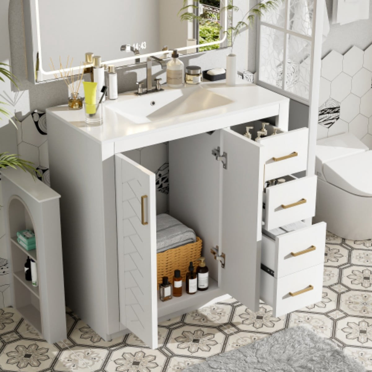 36" Bathroom Vanity with Ceramic Sink Combo, Freestanding Bathroom Vanity with 3 Drawers, 2 Doors, Solid Wood Frame, White
