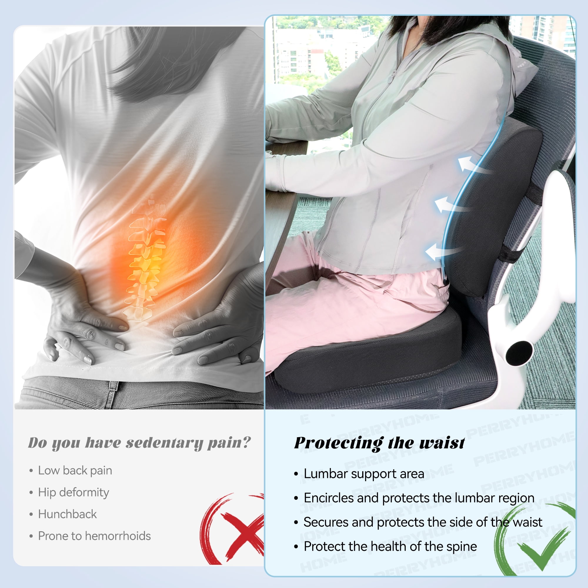 PERRYHOME Seat Cushion for Office Chair, Car Seat, Lumbar Support Pillow, Memory Foam Car Seat Cushions Back Support Pillows, Coccyx Cushion for Tailbone, Hip, Sciatica & Back Pain Relief(Black)