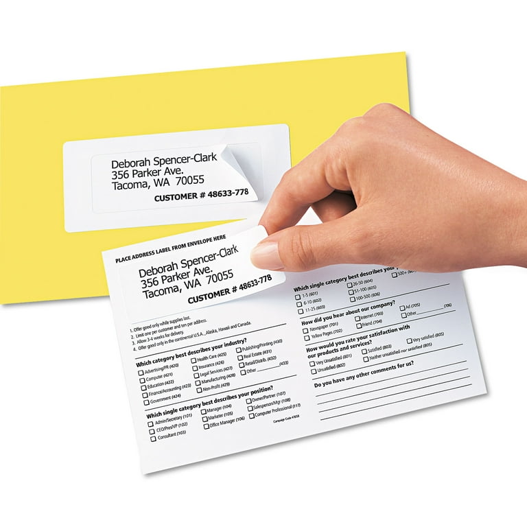 Send and Reply Piggyback Labels, Inkjet/Laser Printers, 1.63 x 4, White, 12/Sheet, 20 Sheets/Pack