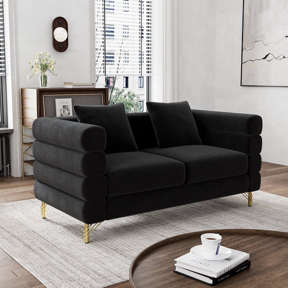 Wiilayok 59" Velvet Loveseat Sofa,Deep Seat 2 Seater Sofa Couch with Gold Metal Legs,Modern Cloud Couch for Living Room Office Apartment,Black