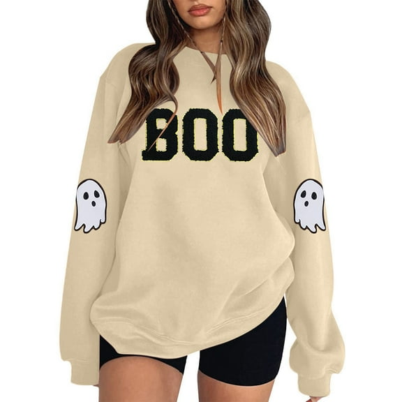 XIAONU Womens Sweatshirts Ghost Cute Printed Hoodless Sweatshirt Peasure Baggy Long-Sleeved Pullover Hoodless Sweatshirt