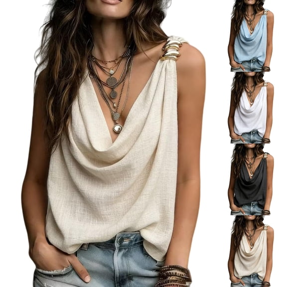 Endives Women's Tanks Top Cowl Neck Sleeveless Top Metal Strap Lightweight Linen Shirt Casual Loose Beach Vacation Shirt Tank Tops for Women Summer Sale