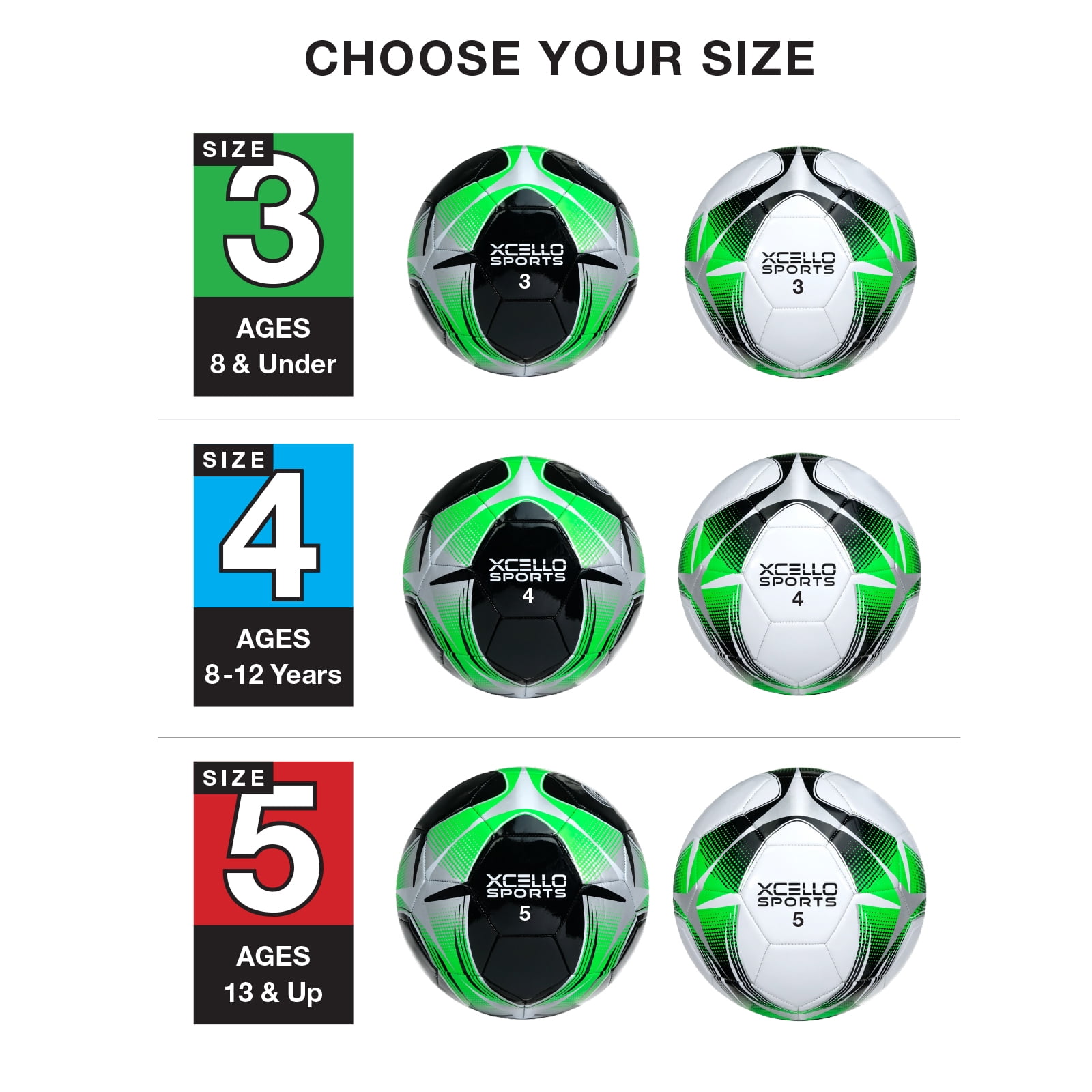 Xcello Sports Soccer Ball (Black/Green/Silver, White/Green/Silver) w/Pump (Size 4, Pack of 2)