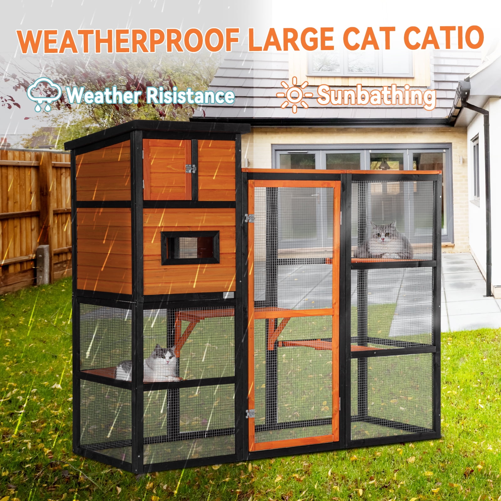 Petsfit Large Wooden Outdoor Cat House with 2 Resting Rooms, 4 Platforms, and Waterproof Roof, Orange