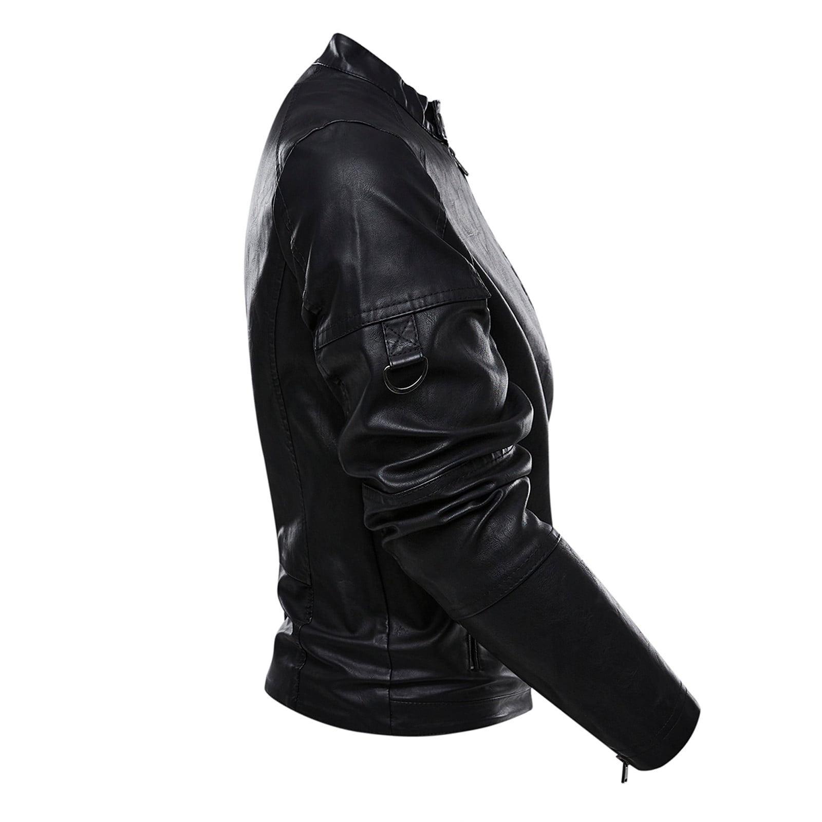 HAPIMO Leather Jacket Men's Casual Stand Collar Slim Leather Sleeve Flight Jacket Faux Leather Biker Jacket Black L