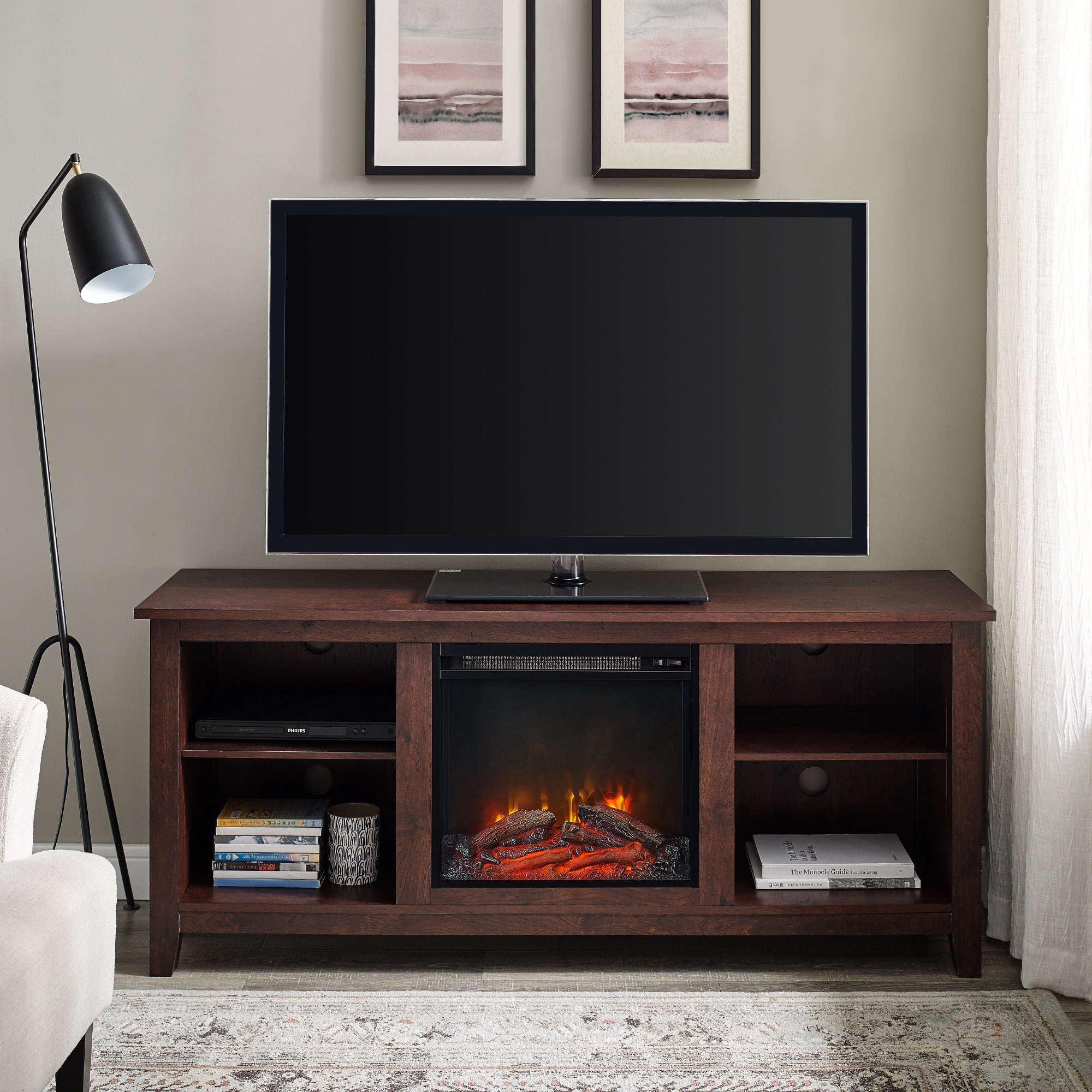Walker Edison Traditional Fireplace TV Stand for TVs Up to 64" - Brown