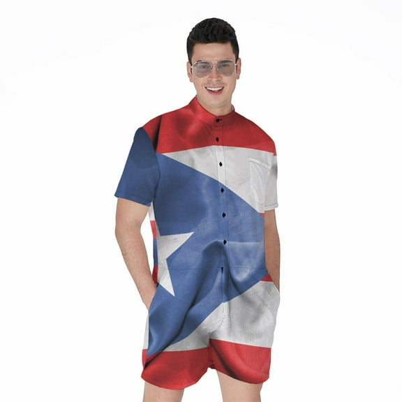 Wrinkled Puerto Rican Flag Short Sleeve Men'S Rompers, Puerto Rico Casual Summer Jumpsuits Outfit