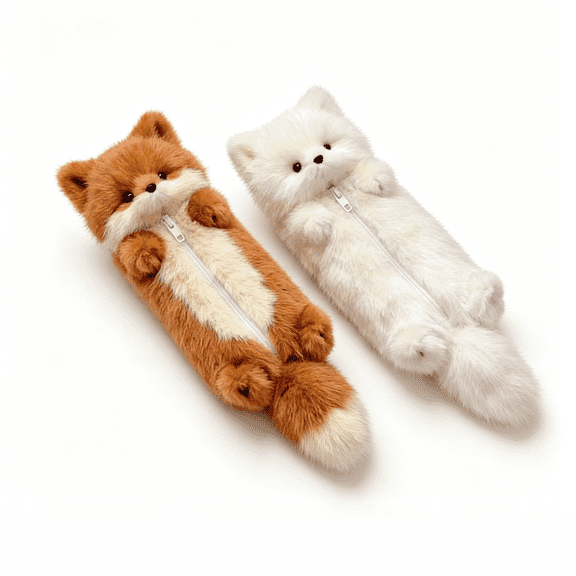Lksixu Cute Animal Pencil Case, 3D Plush Fox Pencil Pouch with Zipper, Kawaii Fluffy Stationery Organizer, Cartoon Animal Stuffed Pencil Bag, Lightweight & Spacious Pencil Holder Office Supplies