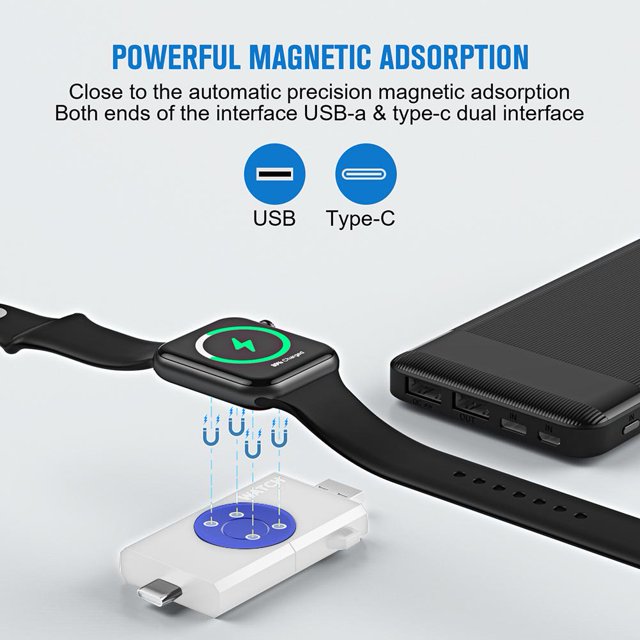 Cargador inalámbrico USB Tipo-C Cargador de interfaz dual para Apple Watch 8 7 (Blanco)