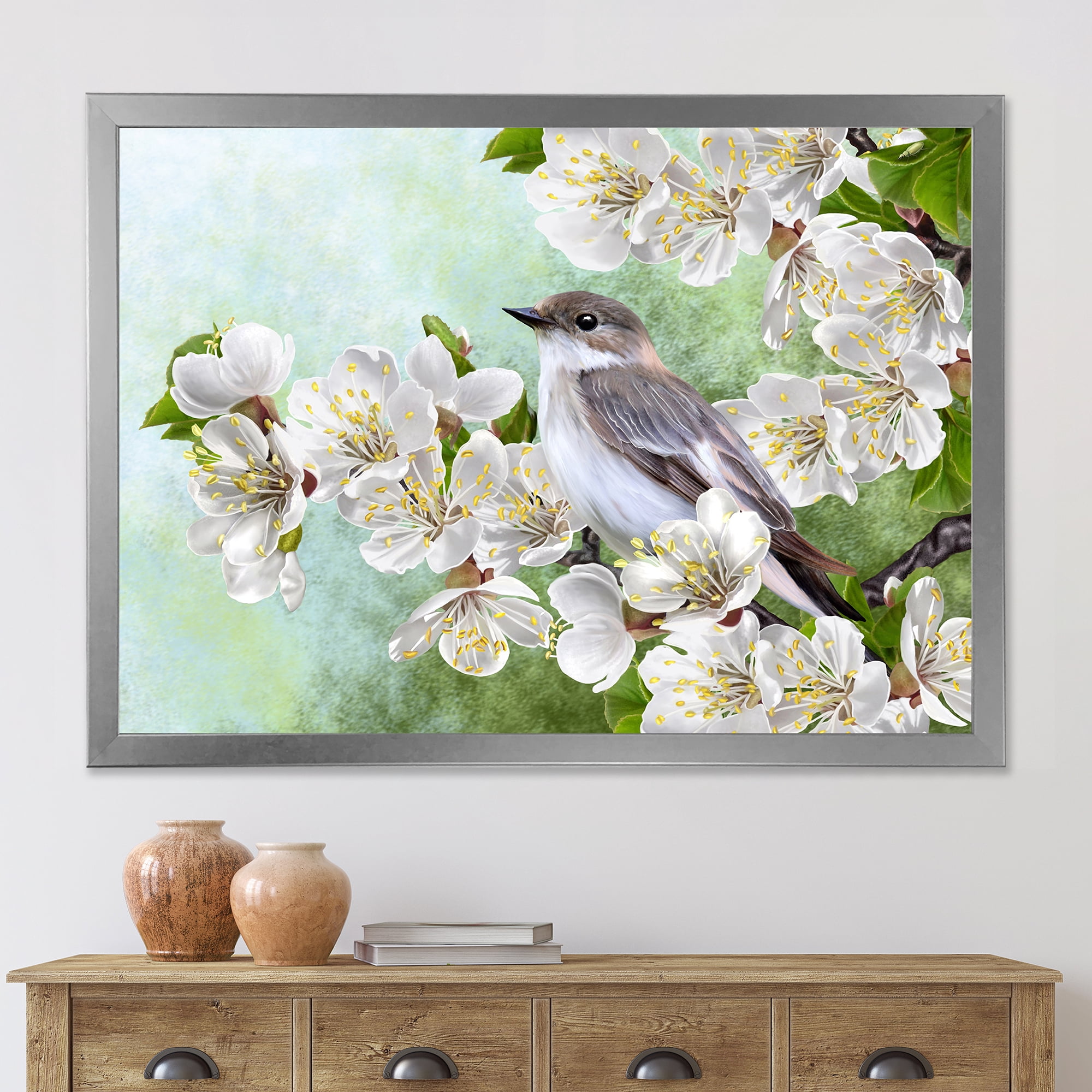 Designart 'Gray Bird Sitting On A Branch of A Blossoming Tree' Traditional Framed Art Print