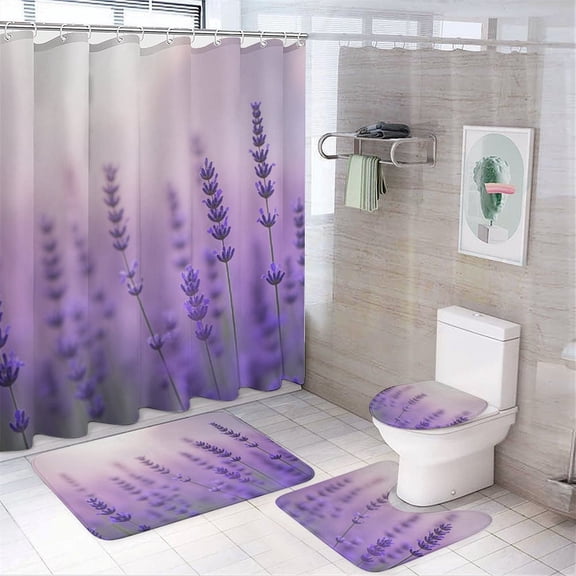 Lavender Field Bloom Shower Curtain Bathroom Sets Toilet Lid Rug, Rugs Mat Bath Mat And Contour Mat, Shower Curtain 4Pcs