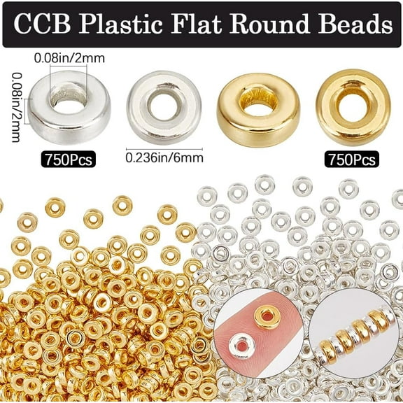 1 Box 1500Pcs 6mm Flat Round Silver Spacer Beads Gold Disc Beads Bulk 2mm Hole Plastic Rondelle Flat Round Bead Spacers for Bracelets Necklaces Earrings Jewelry Making Slider Stopper Beads