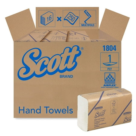 Scott Essential Multifold Paper Towels (01804) with Fast-Drying Absorbency Pockets, White, 16 Packs / Case, 250 Multifold Towels /