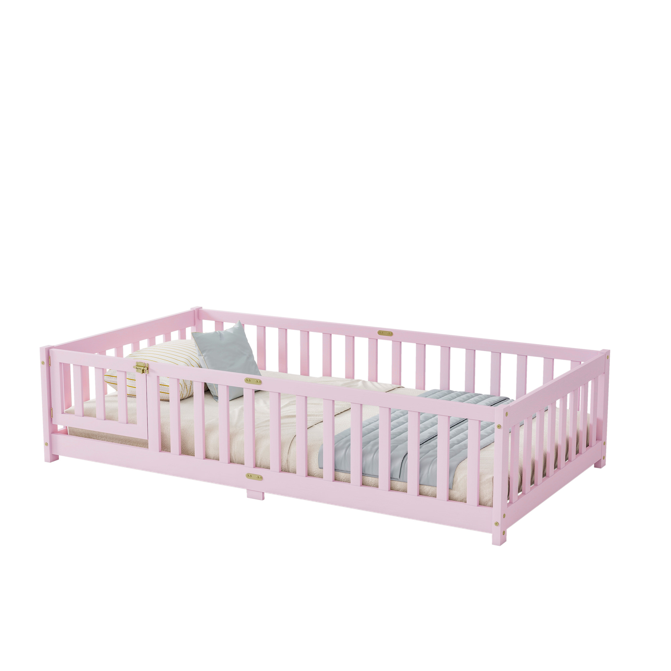 Noble House Corvel Twin Size Rubber Wooden Floor Bed with Safety Guardrails & Latching Fence Door, Pink