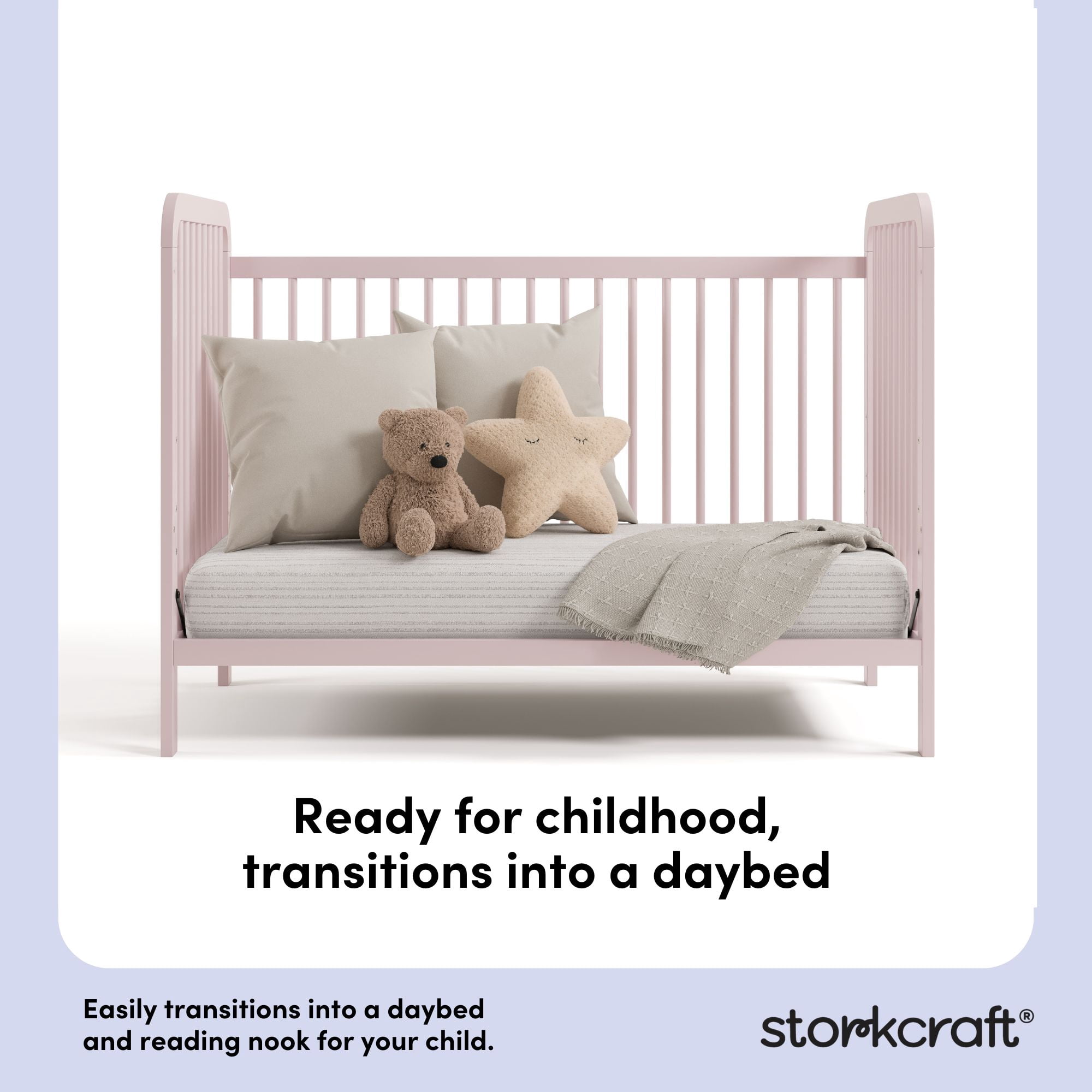 Storkcraft Pasadena 3-in-1 Convertible Baby Crib – GREENGUARD Gold Certified, 100% Solid Wood, Fits Standard Crib Mattress, Converts to Toddler Bed and Daybed, 4 Mattress Heights  , Blush