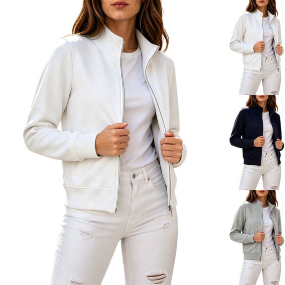 DYTTDG Women's Solid Stand Collar Full Zip Sweatshirt Jacket, Long Sleeve Casual Zip Up Fleece Outerwear With Ribbed Cuffs And Hem