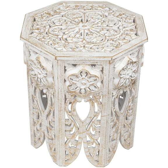 Northlight 18" Antique White and Brushed Gold Carved Octagonal Side Table