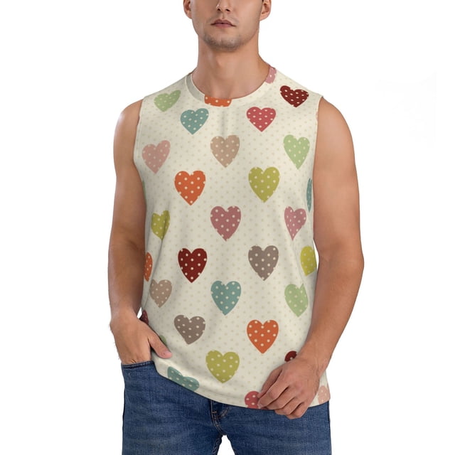 Fotbe Heart Polka Dot Men's Camiseta sin Mangas Estampada para Hombres, Playera Casual para Gimnasio, Entrenamiento, Playa-Small