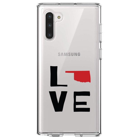 DistinctInk Clear Shockproof Hybrid Case for Samsung Galaxy Note 10 (6.3" Screen) - TPU Bumper Acrylic Back Tempered Glass Screen Protector - Oklahoma - Love Black & Red