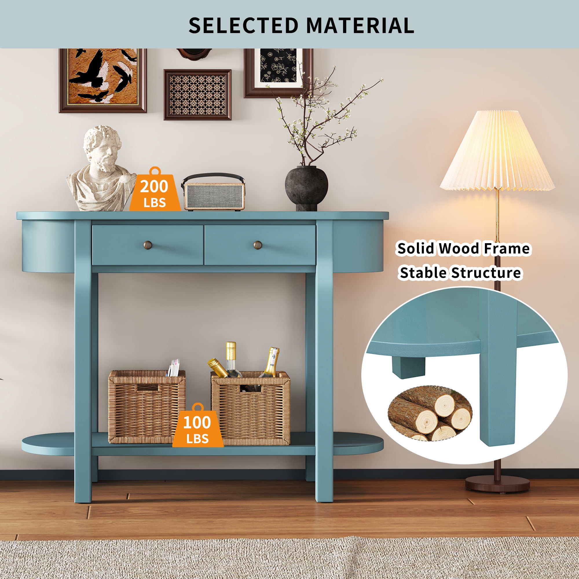 EUROCO 40" Narrow Console Table,Retro Entryway Table with Open Storage Shelf, 2 Drawers and Corner-Curved Design,Sofa Table Behind Couch for Entryway, Hallway and Living Room,Green
