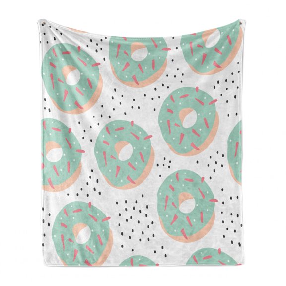 Donuts Soft Flannel Fleece Blanket, Continuous Pastry Dessert Food Design Abstract Spots in Pastel Colors, Cozy Plush for Indoor and Outdoor Use, 50" x 70", Seafoam Blush and White, by Ambesonne