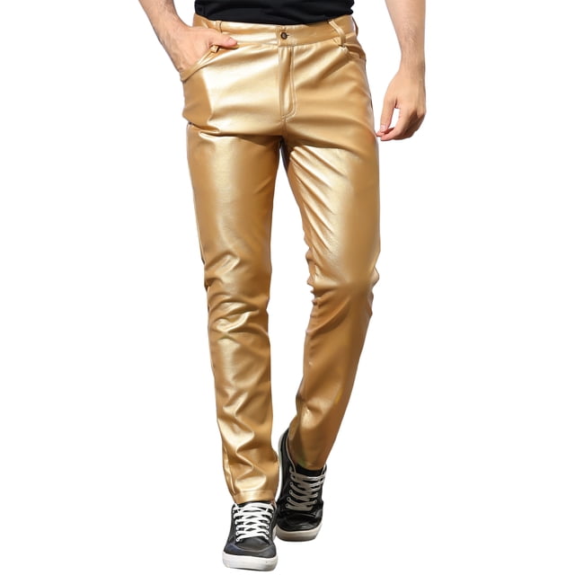 INSPIRE CHIC Men's Pants Faux Leather Slim Fit Zip-Fly Solid Pants 34 Golden