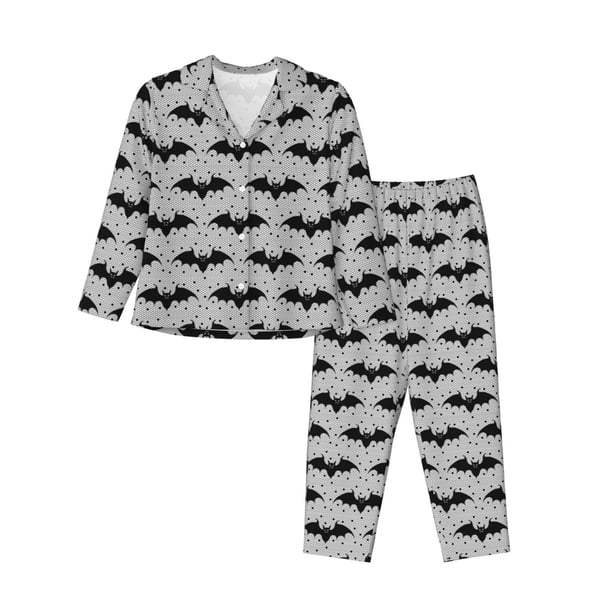 Balery Bat Conjunto de Pijama con Estampado para Mujer, Conjunto de Dos Piezas con Manga Larga, Ropa de Dormir Suave con Bolsillos, Pijamas Cómodos-Medium