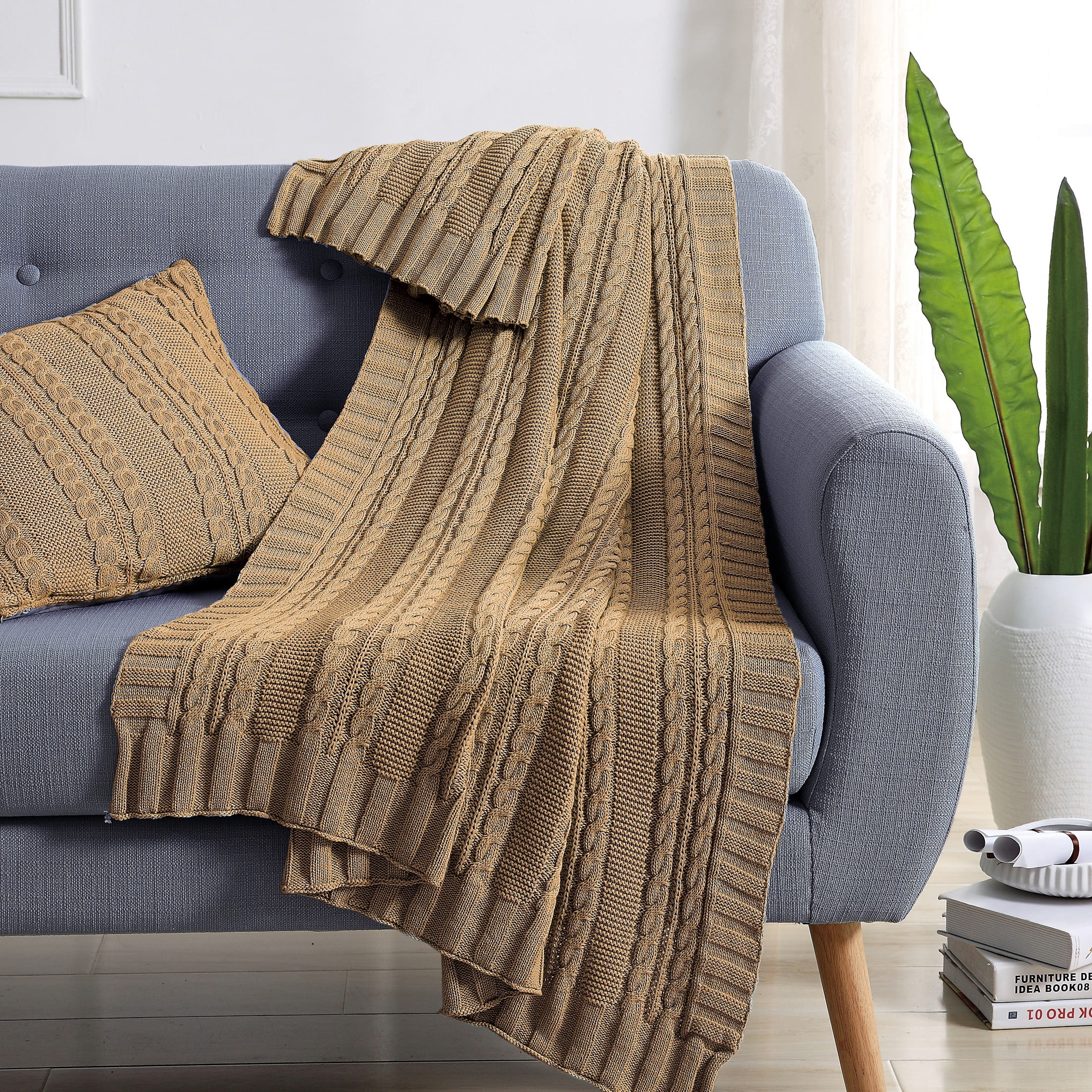 VCNY Home Dublin Taupe Cable Knit Cotton Throw, 50" x 70"