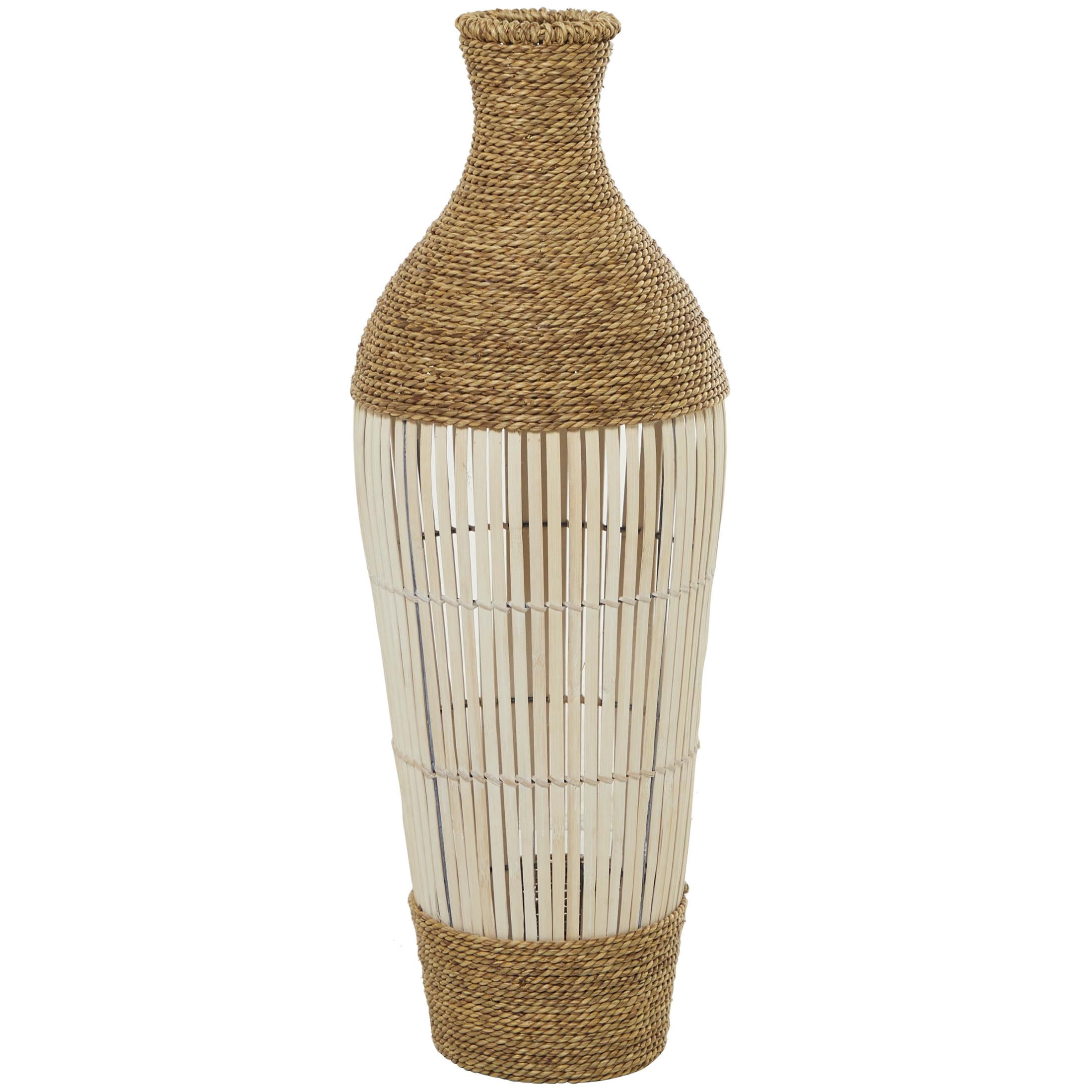 DecMode Seagrass/Bamboo Bohemian Round Tapered Decorative Vase 11"W x 32"H, with Coiled Brown Woven Rope and White Bamboo Slats