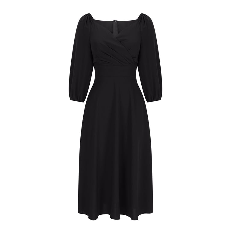 Mother of the Bride Dresses Plus Size Women's Temperament Fashionable Party  Dress V-Neck Waist Cinched Pocket Long Sleeve Dress S-270 Black XXL -  Walmart.com