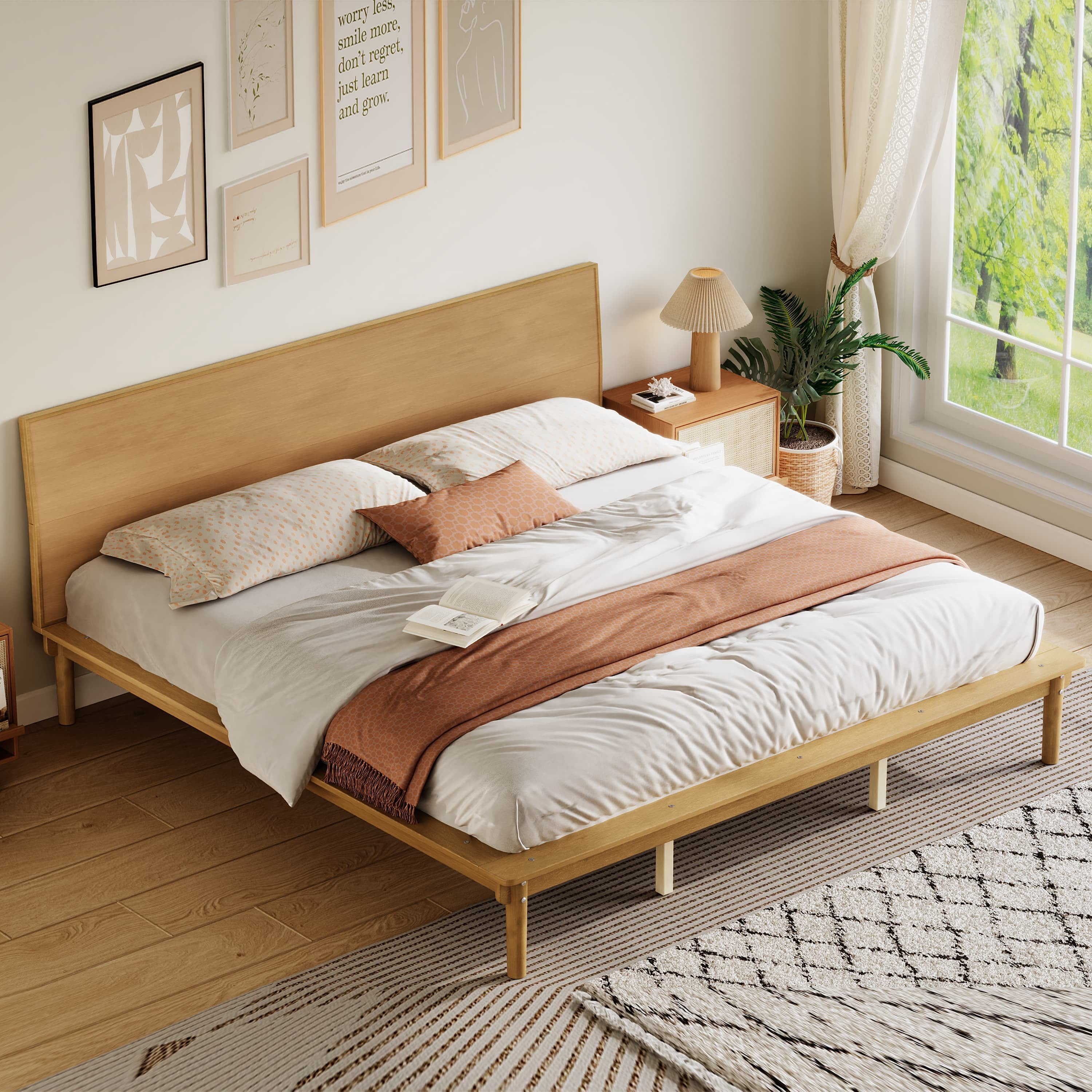 Euroco Wood Mid-Century King Bed, Low Profile Platform Bed Frame with Subtly Angled Headboard, Widened Side Rails, No Box Spring Needed, Walnut
