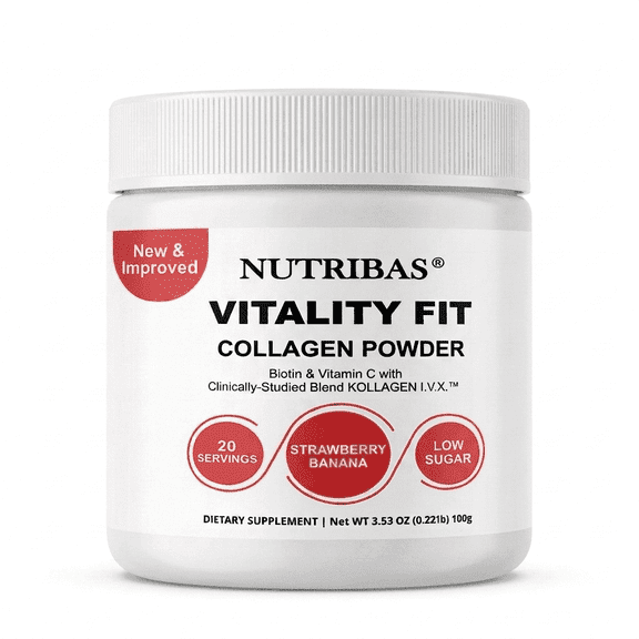 Collagen Powder Strawberry Banana, with All 5 Types, Vitamin C, MCT Oil, Hyaluronic Acid & Biotin, 3.53 oz | Nutribas