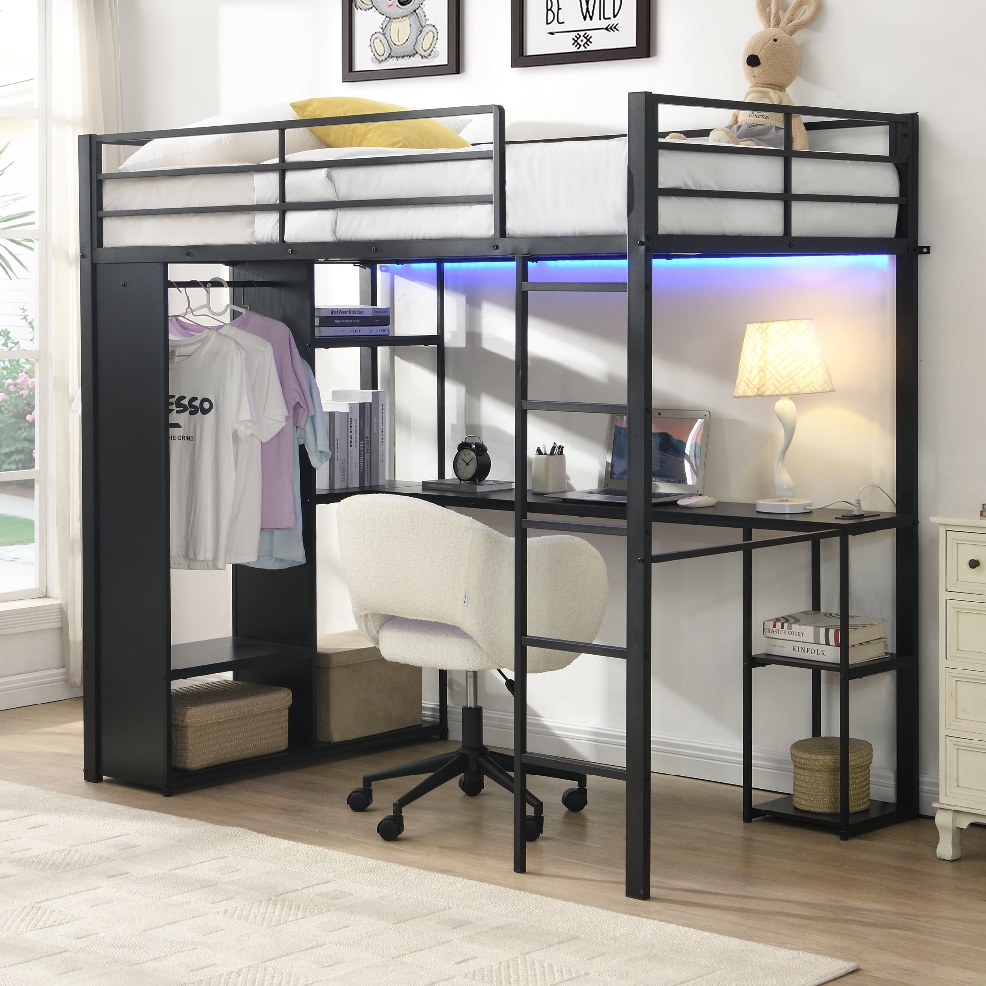 Leumius Twin Metal Loft Bed with Length Desk & Open Storage Cabinet, Multi-function Space Maximizing High Loft Bed for College Dorm Youth Room Apartment Guest