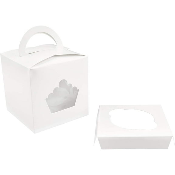 O'Creme White 4-Inch Cube Cake Box with Handle and Crown-Shaped Windows, Plus Insert for Standard Cupcake - Pack of 25