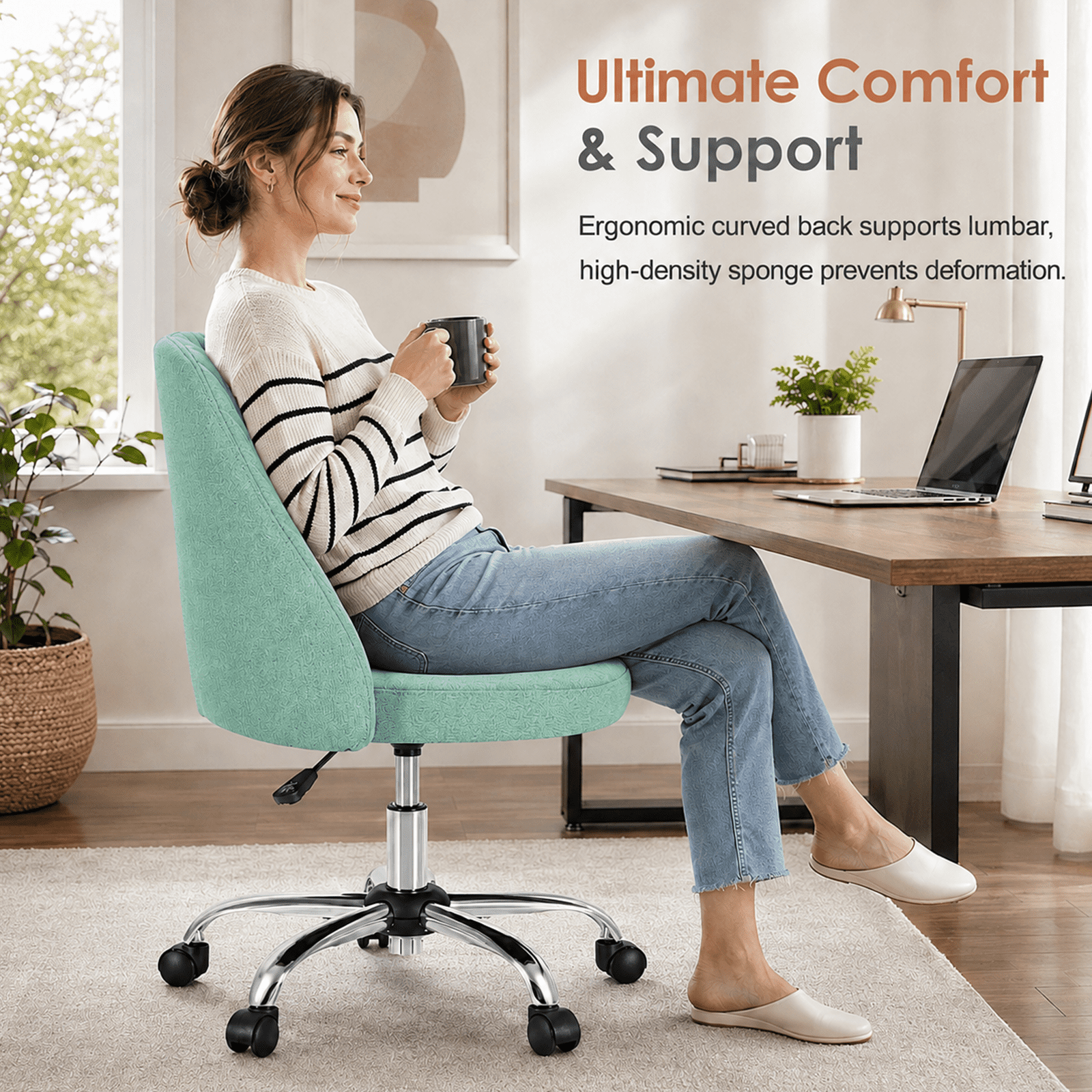 Alvantor Comfy Office Chair, Adjustable Swivel Desk Chair with Wheels, Wide Seating, Modern Fabric Vanity Chair