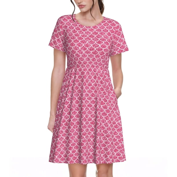 Easygdp Fish Scales para Vestido Transpirable de Mujer, Vestido Suelto de Manga Corta con Pliegues y Bolsillos para el Verano