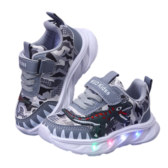 Kids School Running Shoes LED Light up Fashion Cartoon Print Sneakers Casual Lightweight Soft Sole Tennis Shoes Hook and Loop Athletic Shoes Gray 10 Little Kid