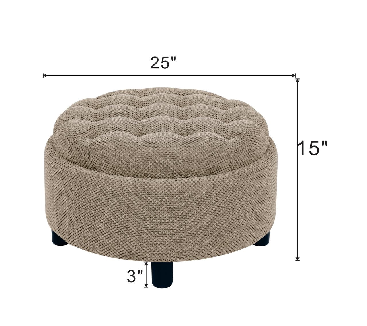 25 Inch Round Storage Ottoman with Removable Wooden Tray, Tufted Fabric Coffee Table with Hidden Storage, Upholstered Footstool for Living Room, Bedroom, Camel