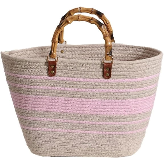 Kukuzhu Straw Bag for Women Retro Beach Bag Tote Bag Woven Rope Bamboo Handle Straw Purses for Travel Summer Vacation Beach 2023