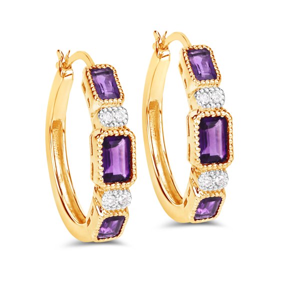 Rag Jewels 925 Sterling Silver 1.00 Ct Emerald Cut Amethyst & Diamond Clip On Hoop Earring's 14K Yellow Gold Plated For Women's