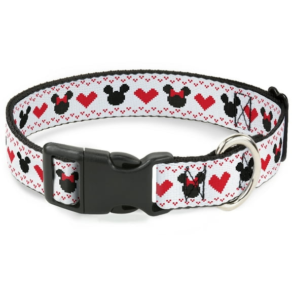 Disney Pet Collar, Dog Collar Plastic Buckle, Disney Holiday Mickey and Minnie Mouse Heart Sweater Stitch, 7 to 8.5 Inches 0.5 Inch Wide