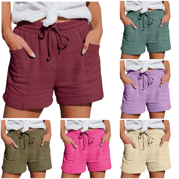 Rggeeun Women Shorts Solid Color Soft Breathable Knit Wide Leg Above Knee with Side Pockets & Adjustable Tie Loose for Summer Everyday Use Casual Bottoms,Red,M