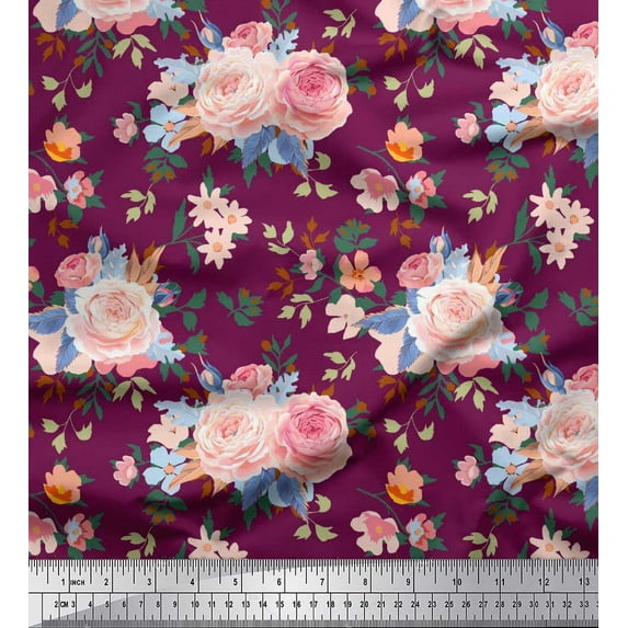 Soimoi Poly Georgette Fabric Leaves,Periwinkle & Peony Floral Decor Fabric Printed Yard 52 Inch Wide
