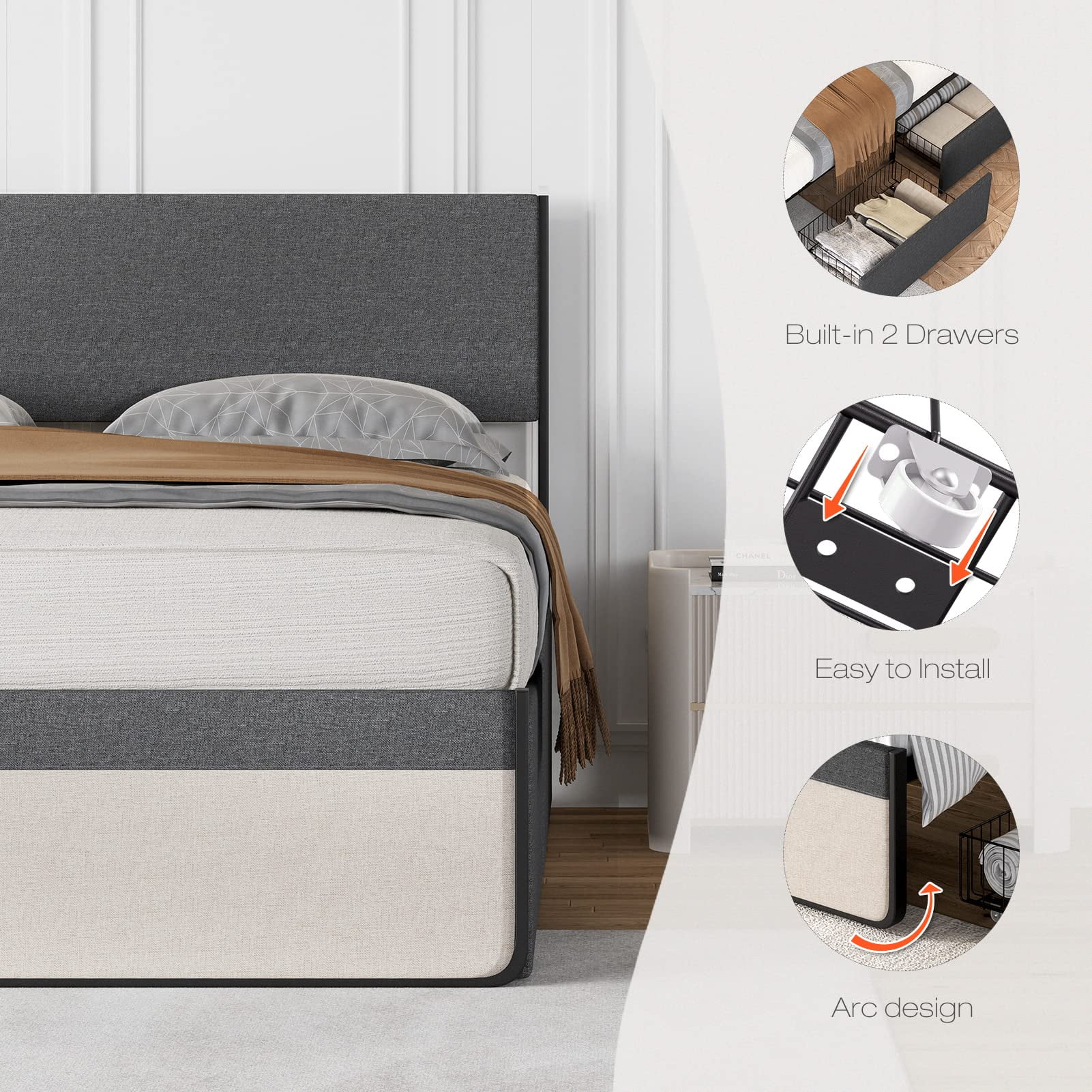 Full/Queen Size Bed Frame with 2 Storage Drawers, Upholstered Platform Bed Frame with Headboard, Mattress Foundation with Steel Slats Support, No Box Spring Needed
