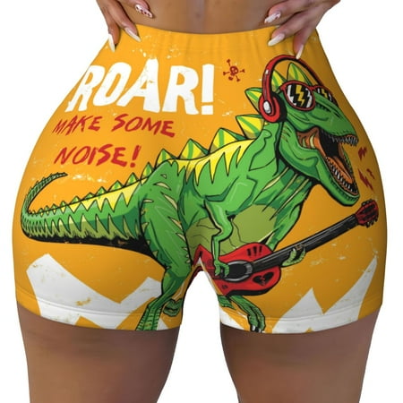 Workout Shorts Women  Cool Dinosaur Playing Guitar Biker Shorts for Women Running Gym Spandex Shorts Tummy Control