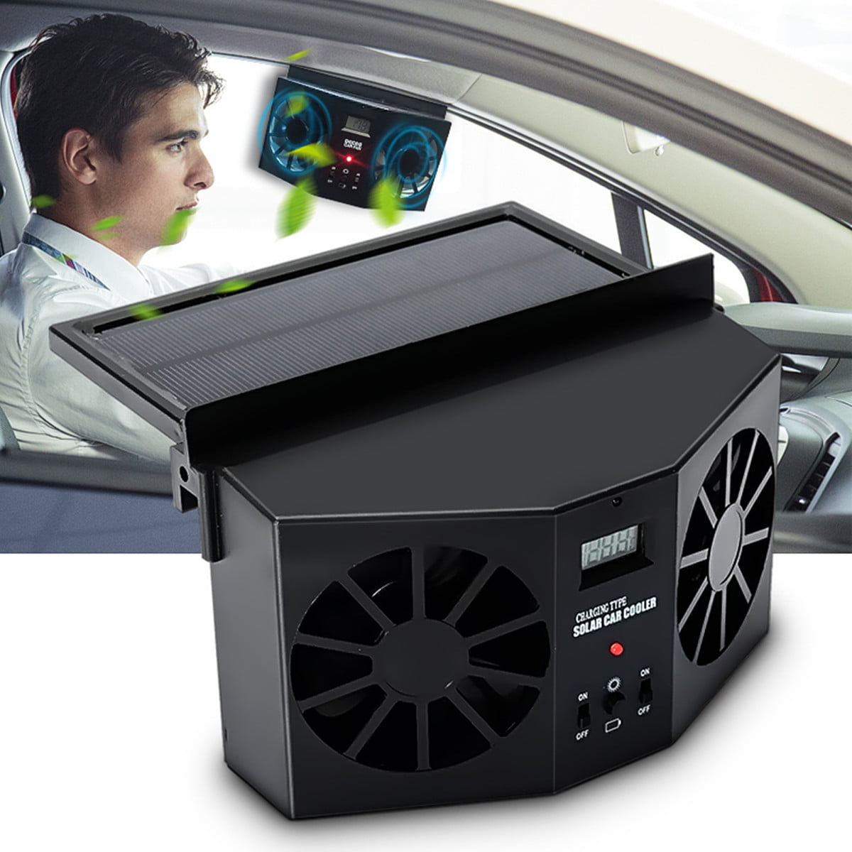 Gtest Portable Car Solar Powered Exhaust Fan Cooler Vehicle Window Windshield Auto Ventilation Fan Dual Power Supply with Rechargeable Battery 