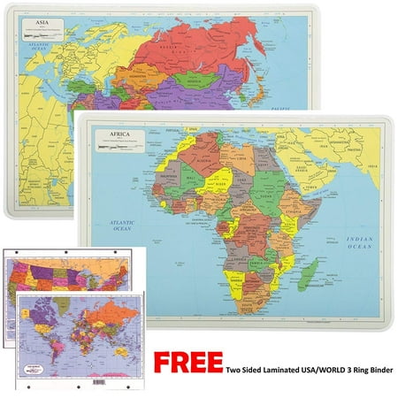 Painless Learning Educational Placemats For Kids Laminated World and Africa Map Set Free Two Sided UNITED STATES/WORLD Maps 3-Ring Binder