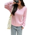 thumbnail image 3 of Women Long Sleeve Cable Knit Sweater Fashion V Neck Fitted Pullover Top Business Casual Fall Outfits Pink M, 3 of 7