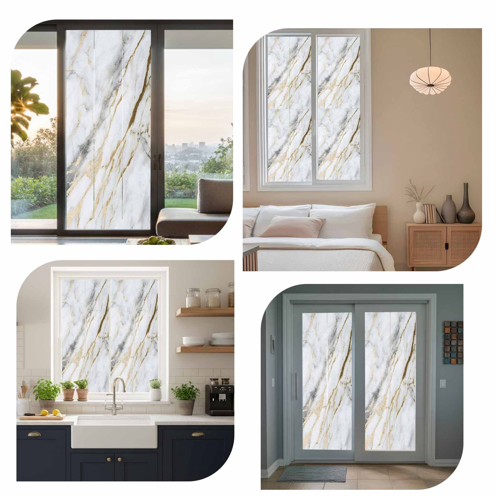 Marble White Gold Window Privacy Film, Modern Abstract Geometric Static Cling UV Sun Blocking Heat Control Window Tint Day and Night, Non-Adhesive Reusable One Way Windows Privacy Cover 23.6''x59''