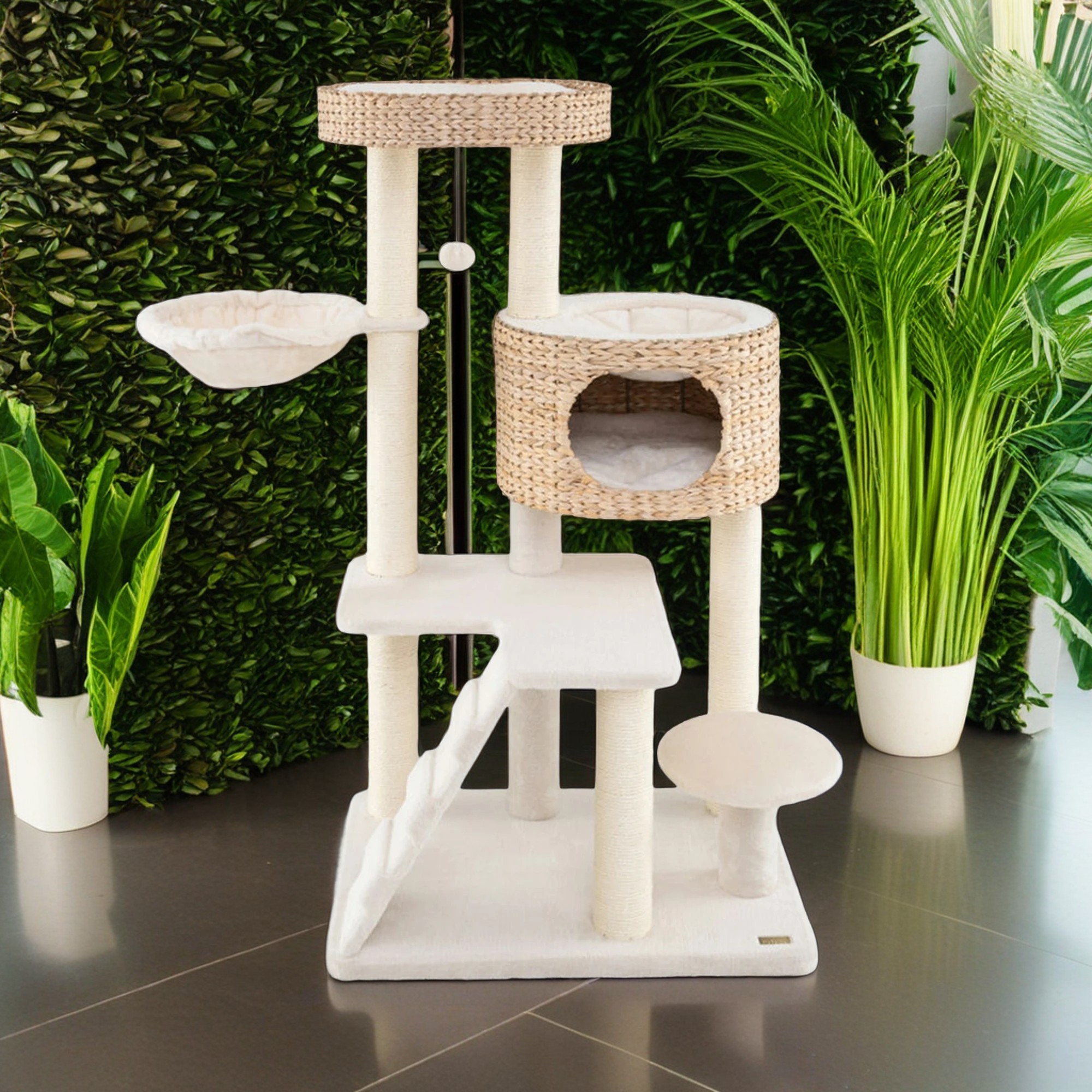 Kadyn 50" Tall Modern Cat Tree for Indoor Cats with Scratching Posts, Hand-Woven Condo and Top Perch, Cat Tower for Kittens Climb Play, White